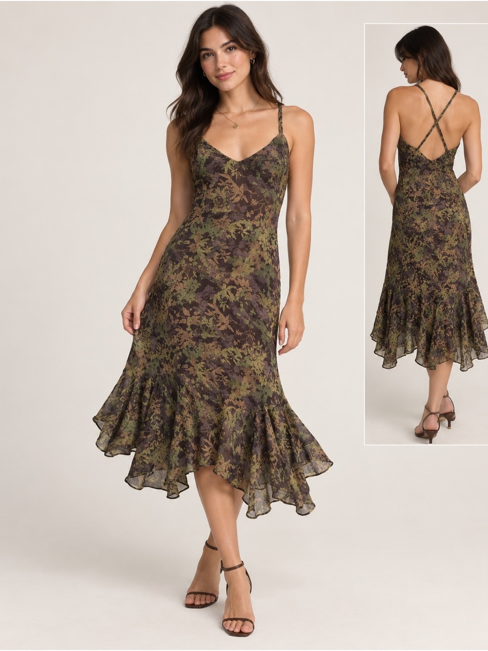 Reba Olive and Brown Floral Midi Slip Dress with Ruffle Hem